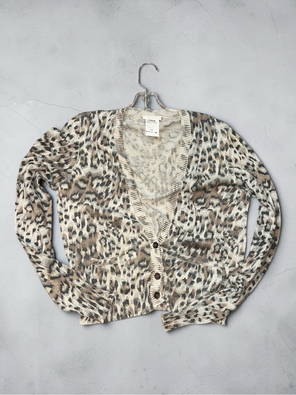 Chloé 2019 Leopard Print V-Neck Cotton Cardigan Sweater Beige Brown Size Small T